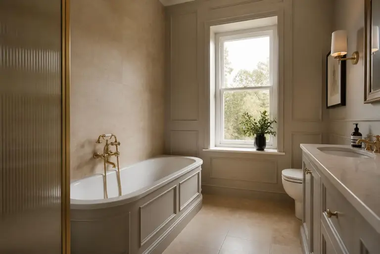 Renovated bathroom with stone tiling