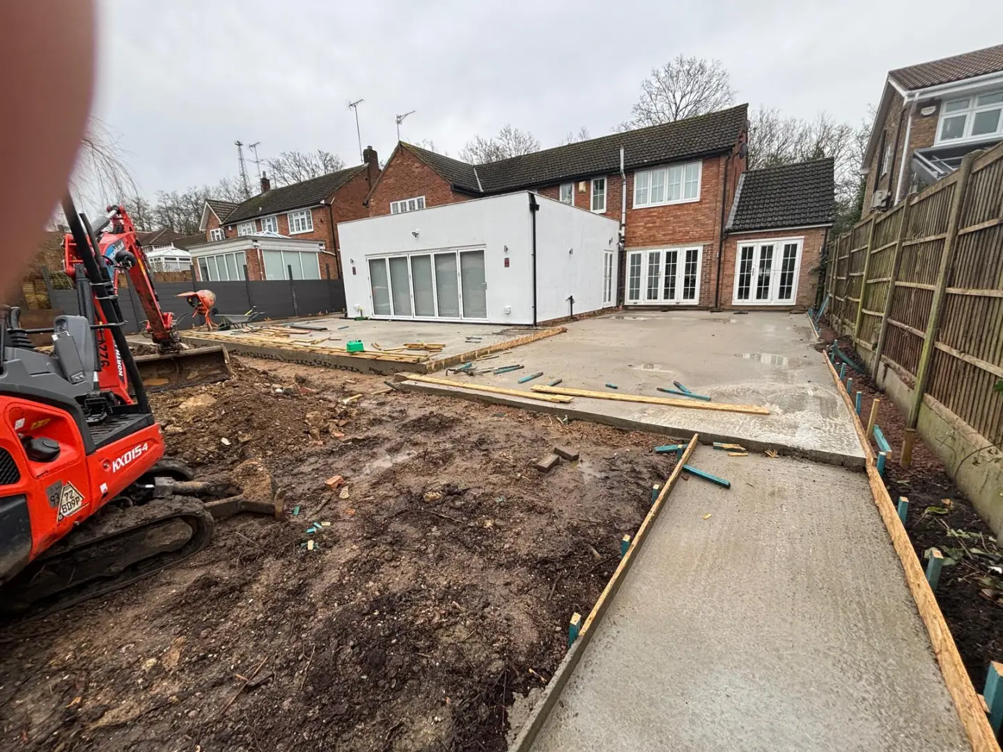 Terrace area taking shape beside the rear elevation with groundworks continuing