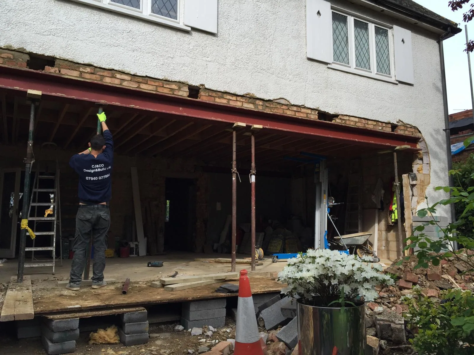 Heavy structural steel frame and column supports on site