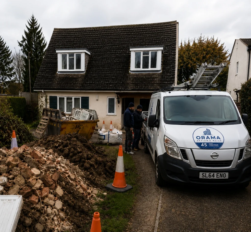 External view of Cuffley residential project during structural works, showing an Orama van, scaffolding, and site preparation.