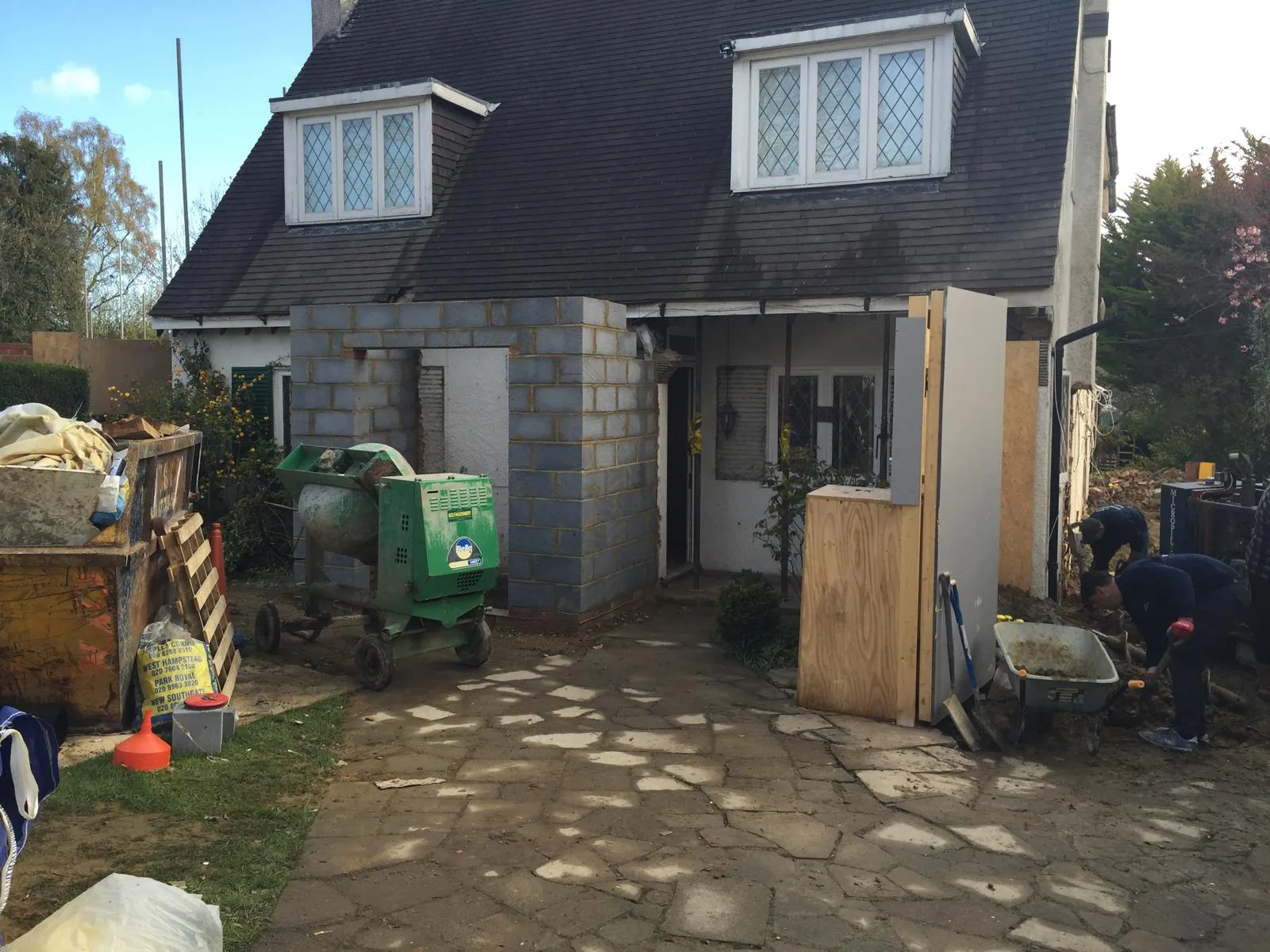 Lower-level residential construction area during renovation works.