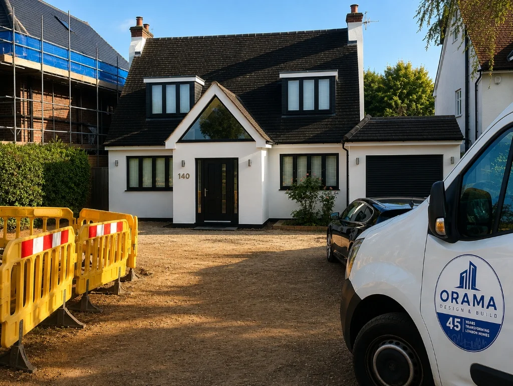 Completed residential front elevation of the Cuffley home featuring modern black window profiles, a new front gable entrance, and Orama transport vehicles in the driveway.