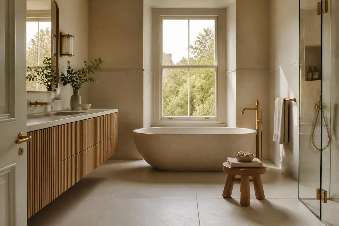 Stone-lined bathroom with concealed services and precise tiling