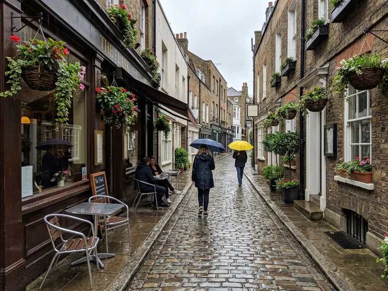 Flask Walk Hampstead cobbled lane NW3 rainy day