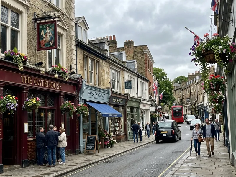 Highgate Village High Street N6 Georgian and Victorian shopfronts with The Gatehouse pub
