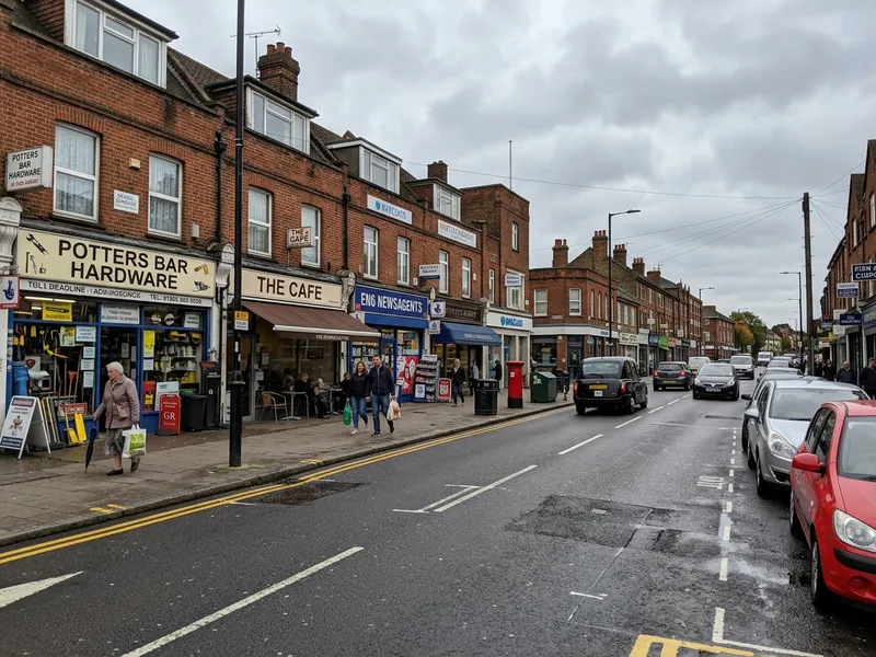 Darkes Lane high street shops and road in Potters Bar town centre, EN6