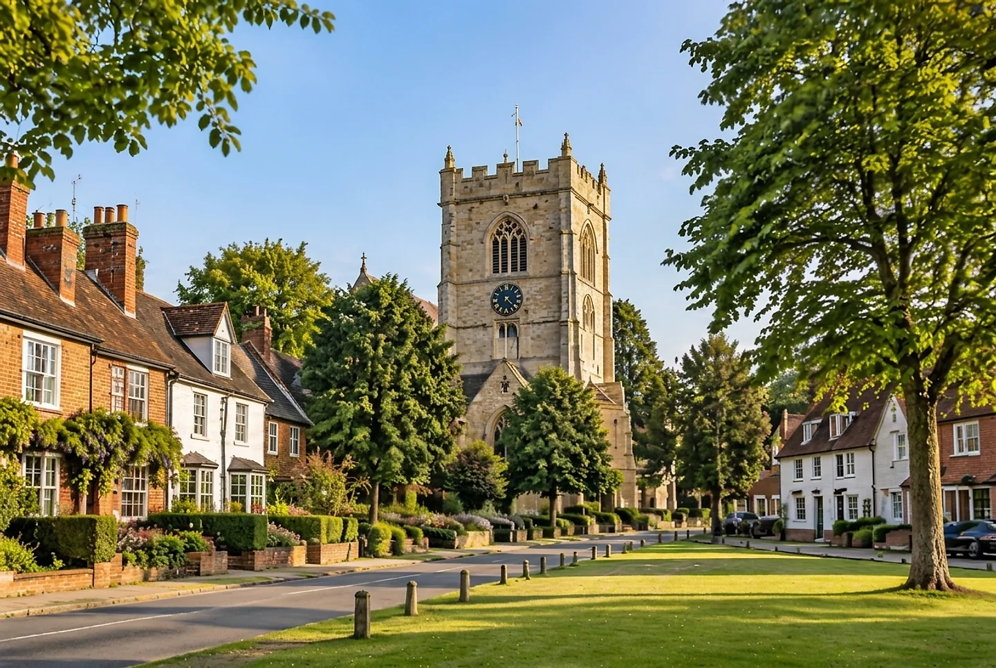 Picturesque historic village street, traditional brick cottages and parish church in West Essex