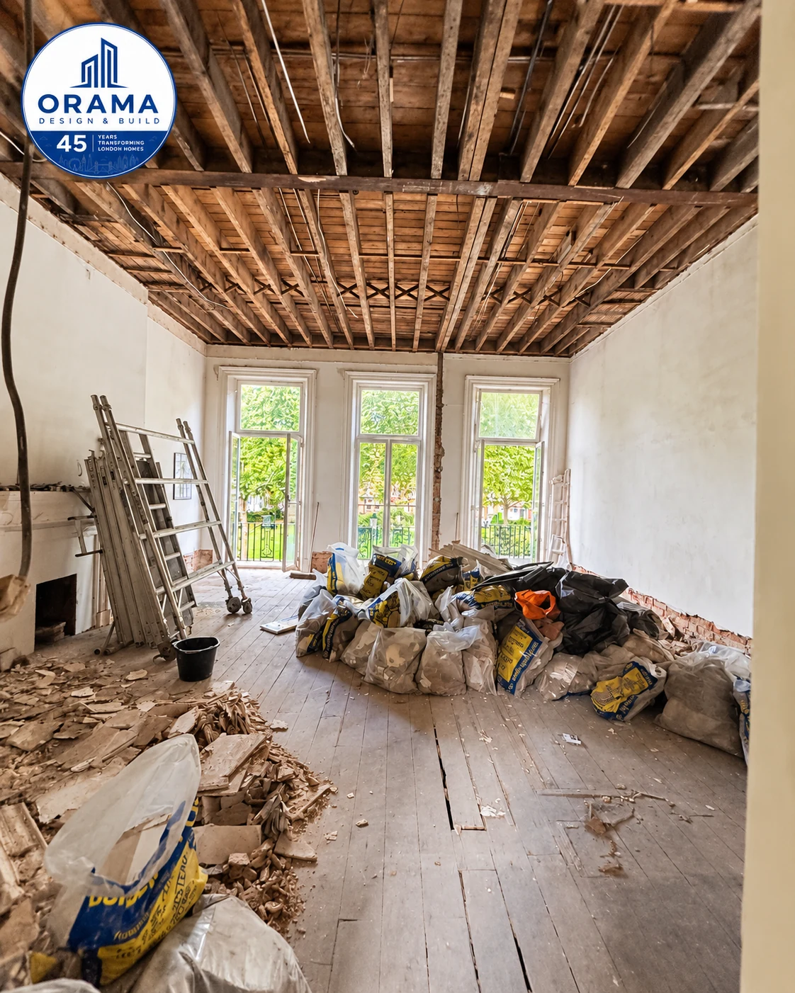Renovation in progress with subfloor prep and first-fix services underway