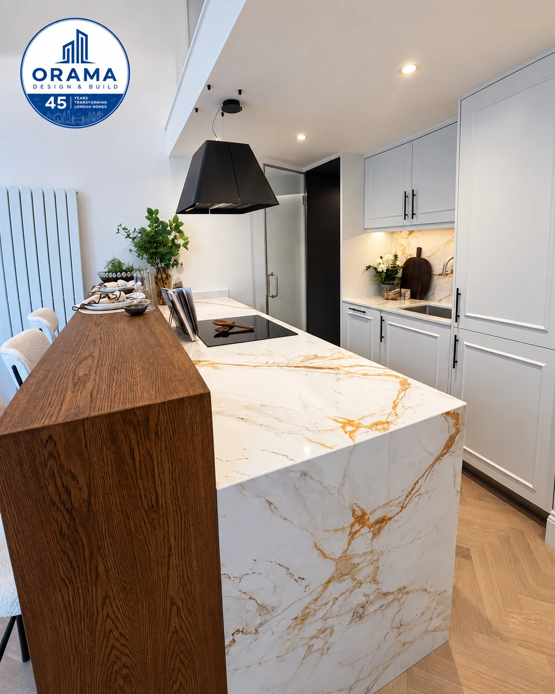 Contemporary marble kitchen worktop with fluted cabinetry detailing