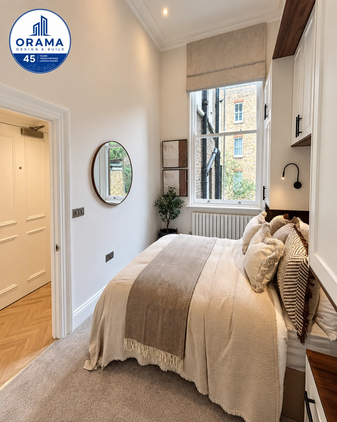 Upper floor bedroom suite with bespoke joinery