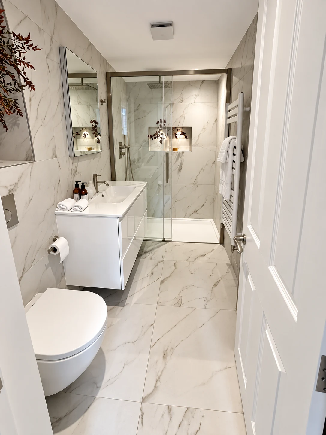 Honed marble bathroom with walk-in frameless shower and brass brassware