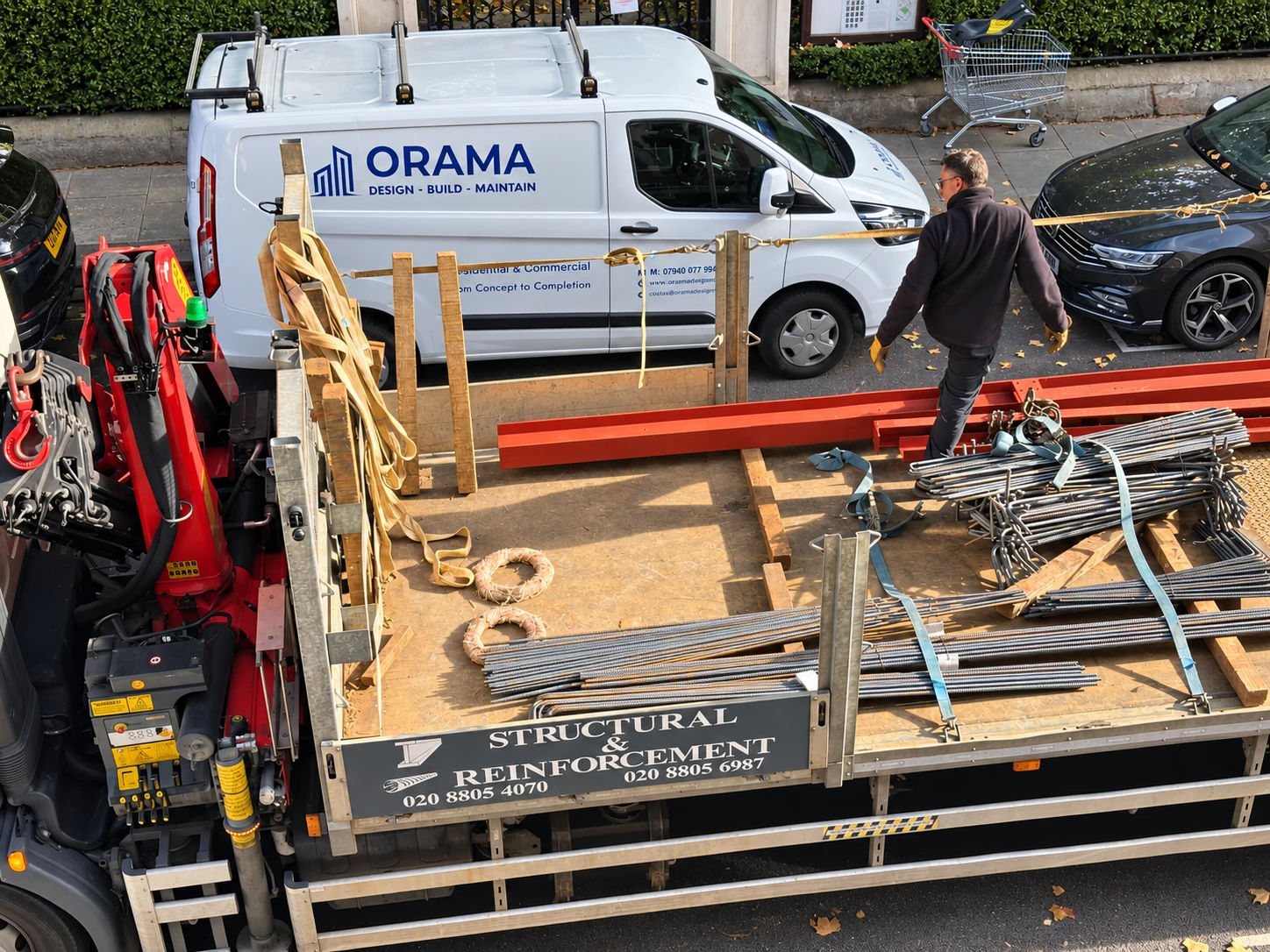 Active residential construction worksite showing structural logistics