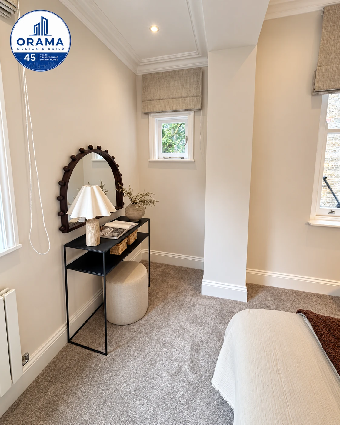 Bedroom dressing nook with tailored mirror and vanity storage