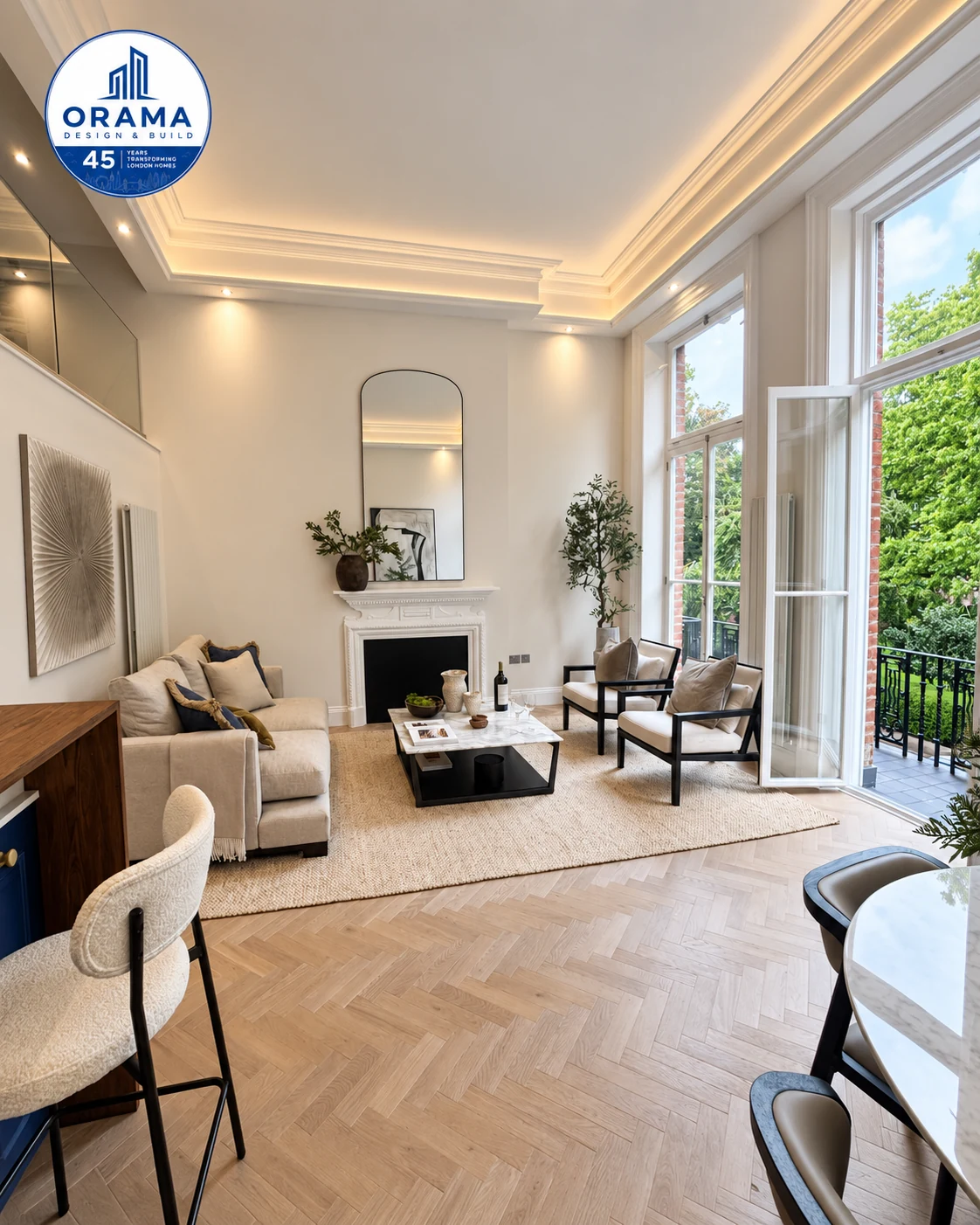 Minimalist London lounge with tailored cabinetry and comfortable neutral seating