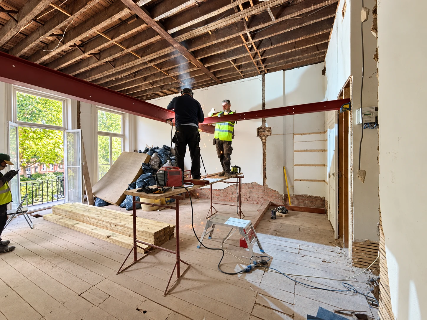 Structural steel beam welding and installation during London residential renovation