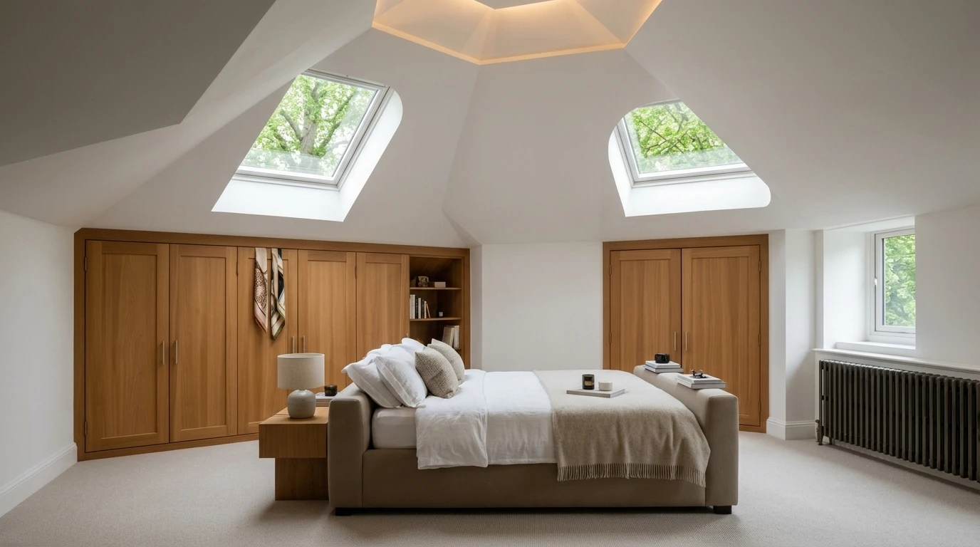 Dormer loft conversion bedroom suite with eaves joinery in Crouch End N8
