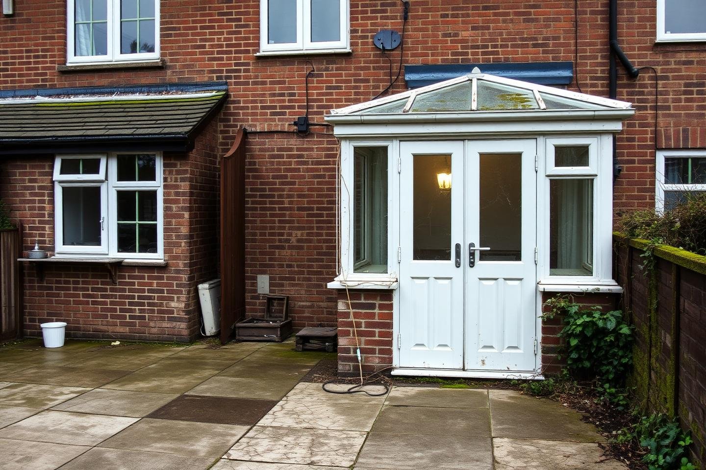 Rear elevation before work, with the original lean-to and small galley kitchen