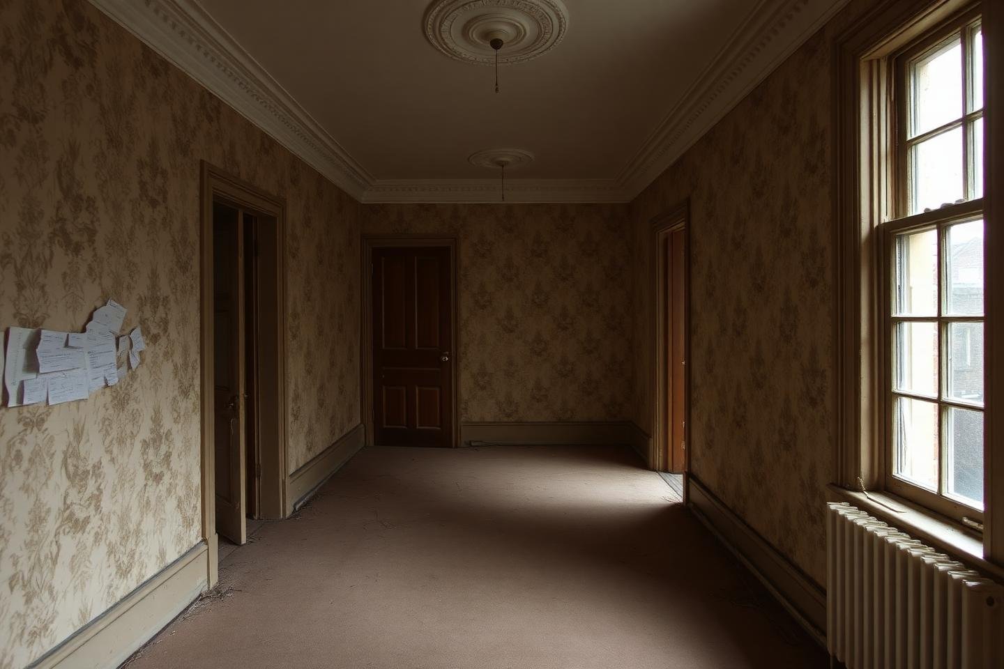 Tired period interior before work, with failing finishes and dated services