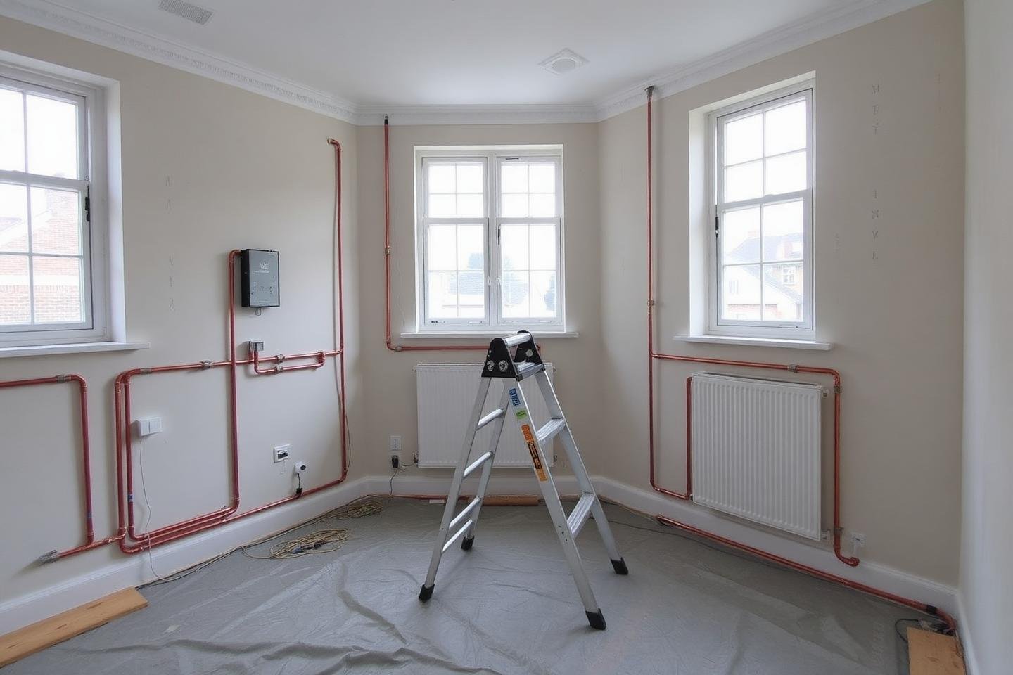First-fix stage with walls stripped back and new services installed