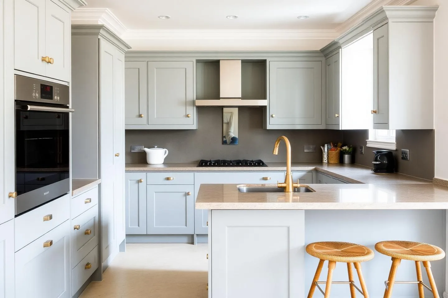 Completed shaker kitchen with stone worktops and brass fittings