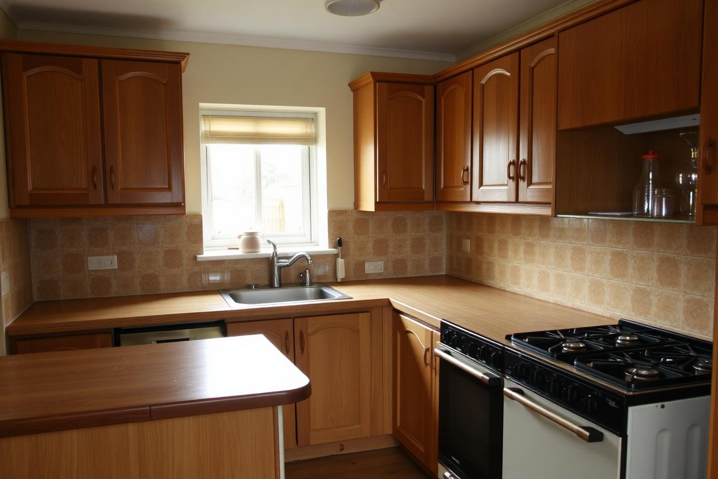 Dated kitchen with worn units and a layout dictated by the old services