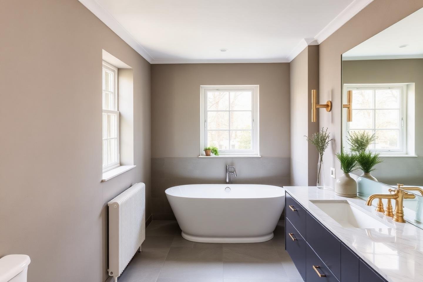 Family bathroom with freestanding bath and marble-topped vanity