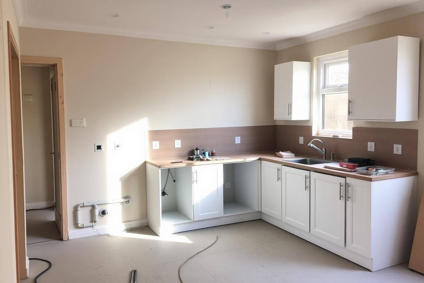 Stripped kitchen with new carcasses in place and pipework capped off