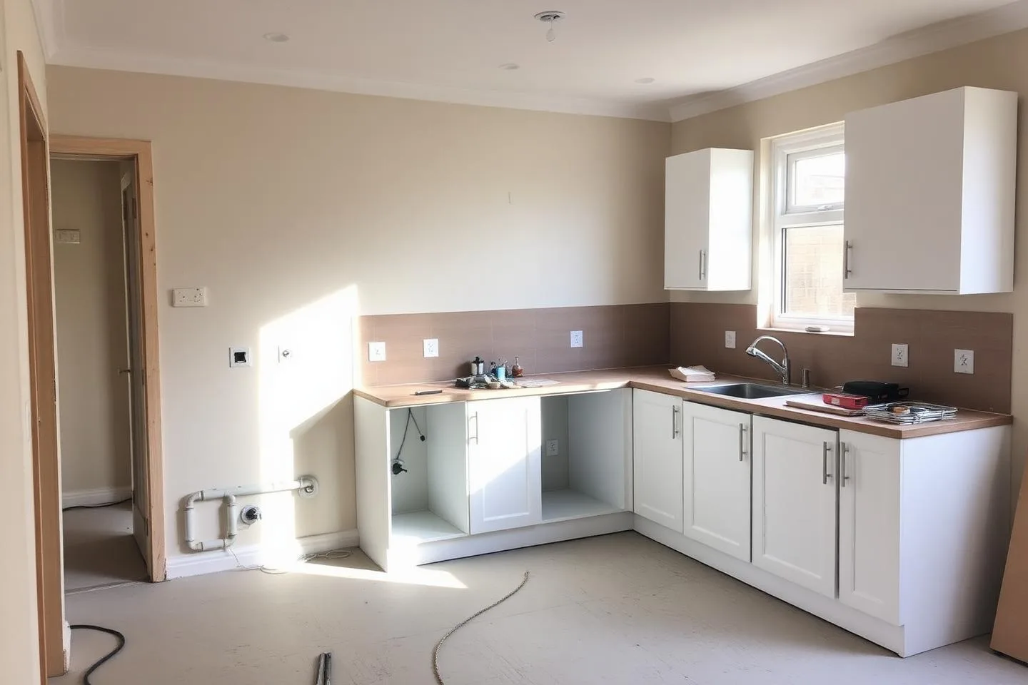 Stripped kitchen with new carcasses in place and pipework capped off