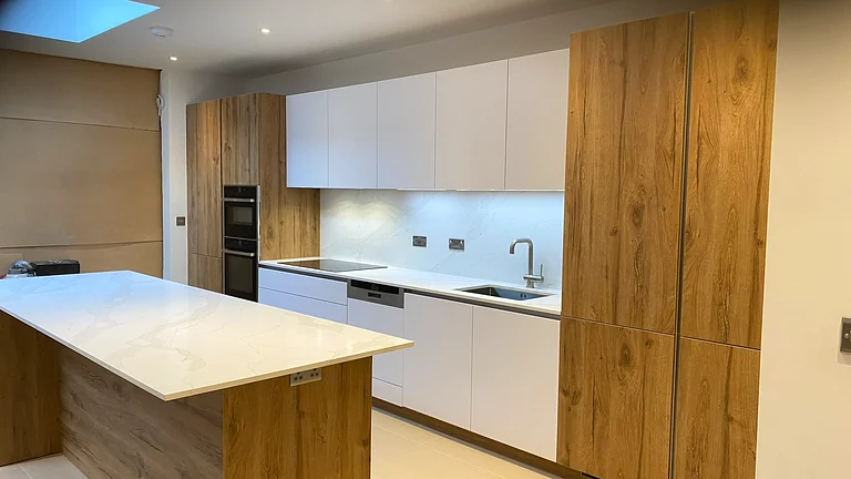 Bespoke kitchen renovation with quartz waterfall island in High Barnet